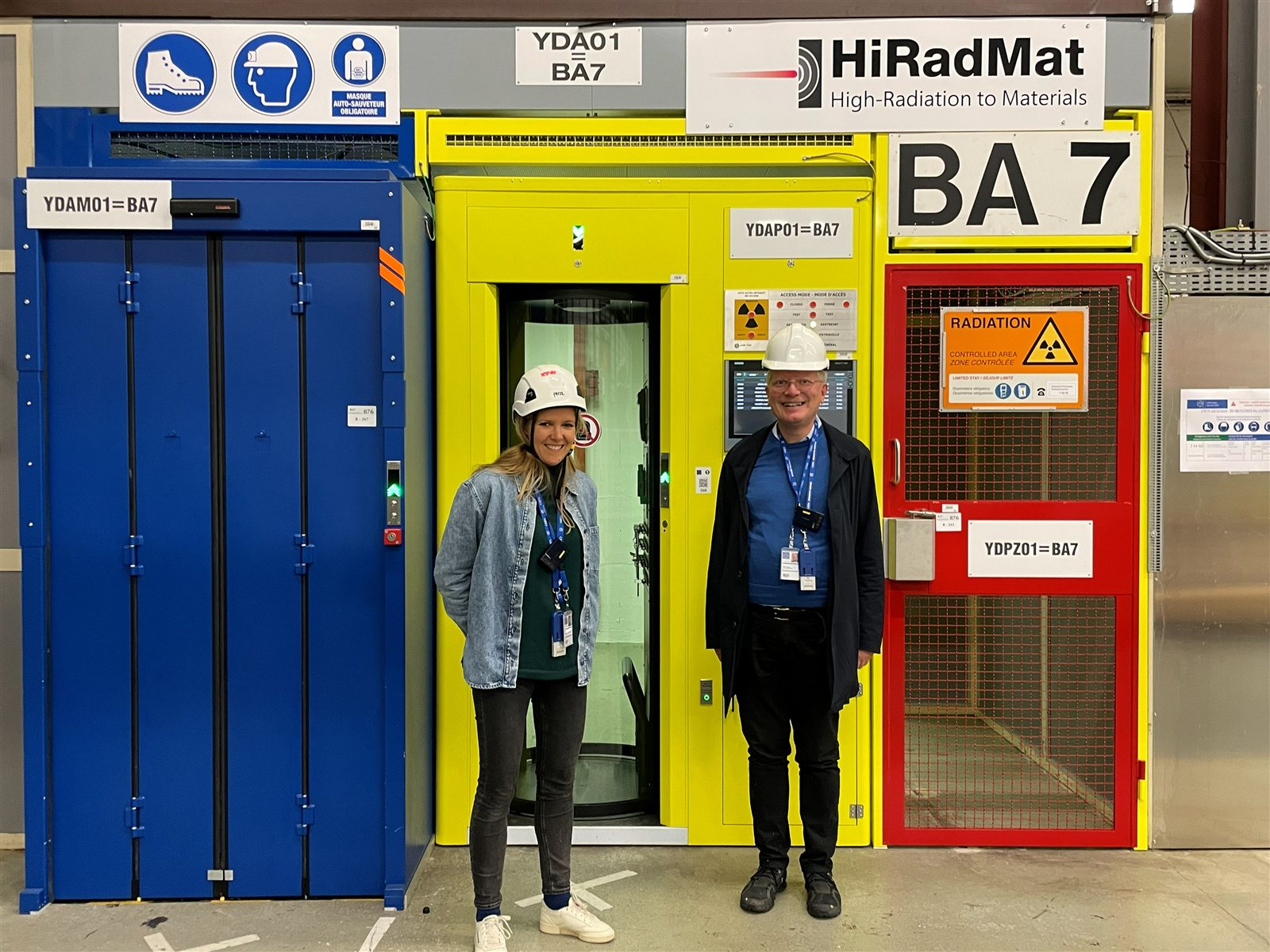 OuSoCo co-founders Melanie Bochmann and Dr. Karl-Georg Schlesinger at the HiRadMat facility entrance